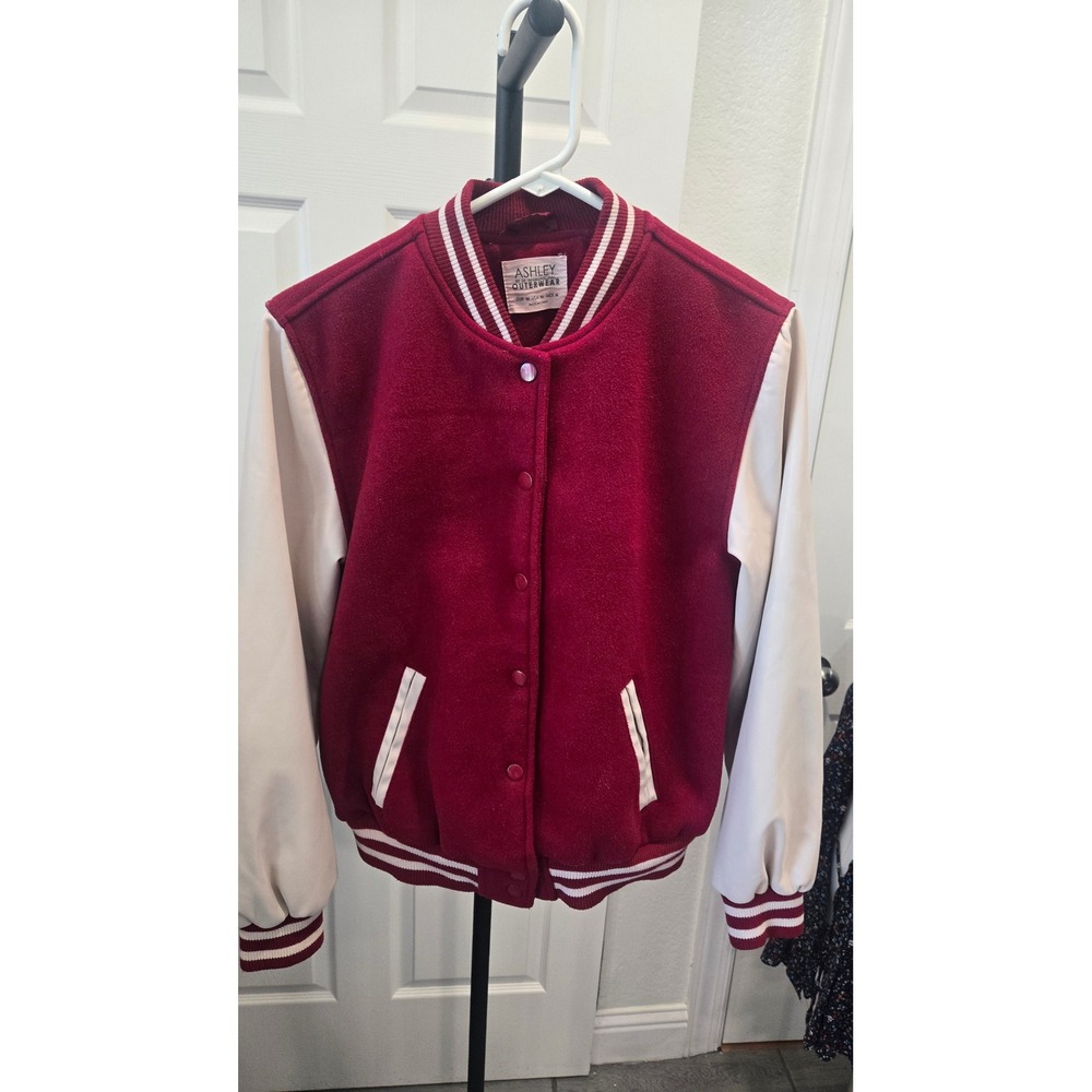 Ashley Outerwear Burgundy Varsity Letterman Jacket Cream Sleeves Womens Medium